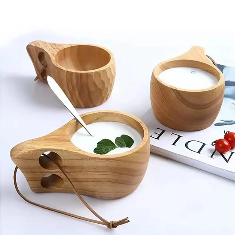 Tasse à café en bois de style nordique avec cuillère, tasse Kuksa, portable, extérieur, camping, boire, 2 paquets