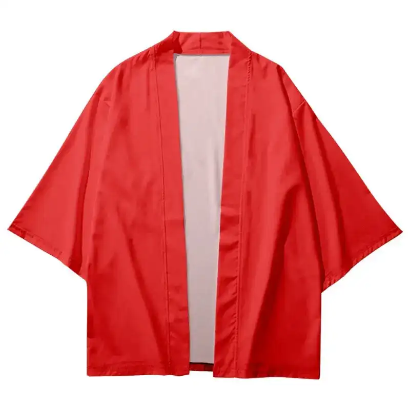 Fox Mask Pattern Solid Red Haori Ethnic Style Flower Series Kimono Cloak Loose Seven-Sleeve Cardigan 3D Digital Printed Shirt