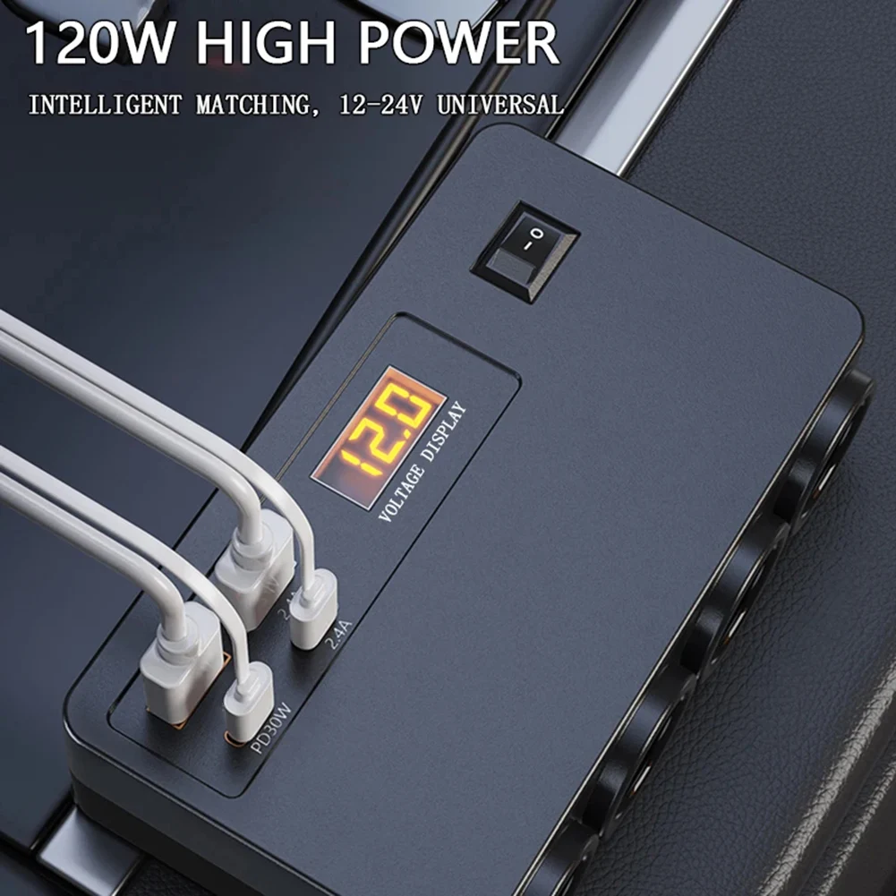 120W Vehicle Charger For Car Voltage Display Fast Charging Socket ABS Flame Retardant Material Vehicle Road Trips