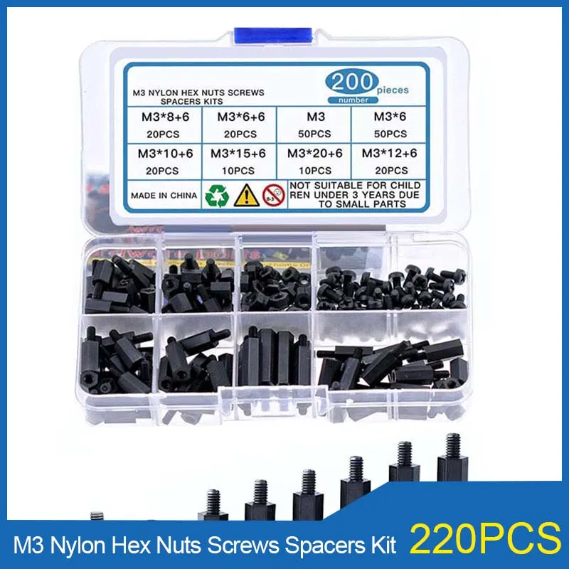 

200PCS M3 Black Nylon Hex Standoff for PCB Motherboard Insulated Hex Standoff Pillar Spacer Column Screw nut Assortment Kit