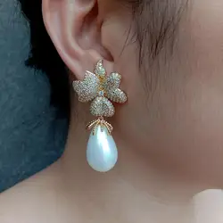 Y·YING White Sea Shell Pearl Teardrop Shape Cz  Pave Flower Stud Earrings Jewelry For Gift
