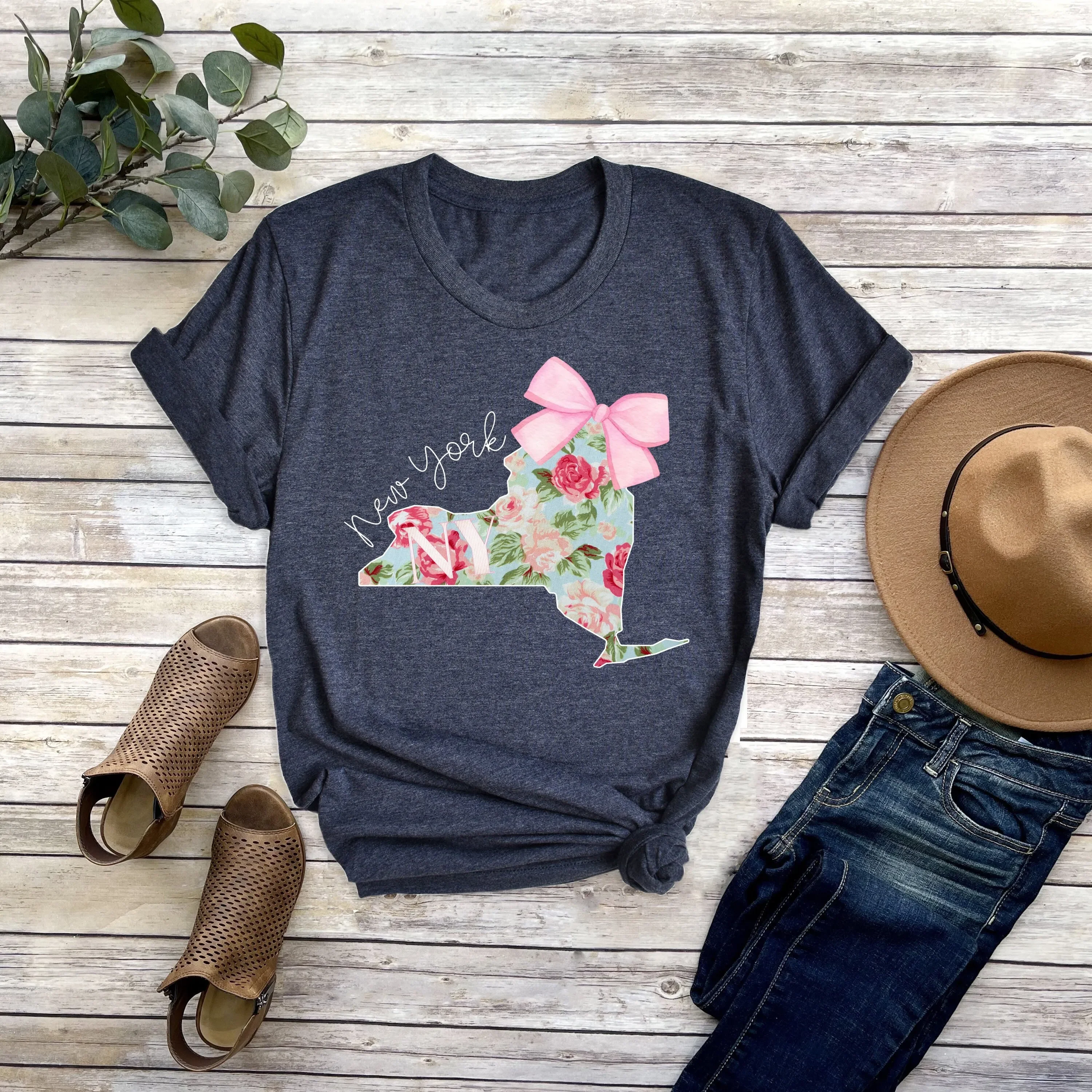 New York State Floral T Shirt Souvenir From USA NYC map