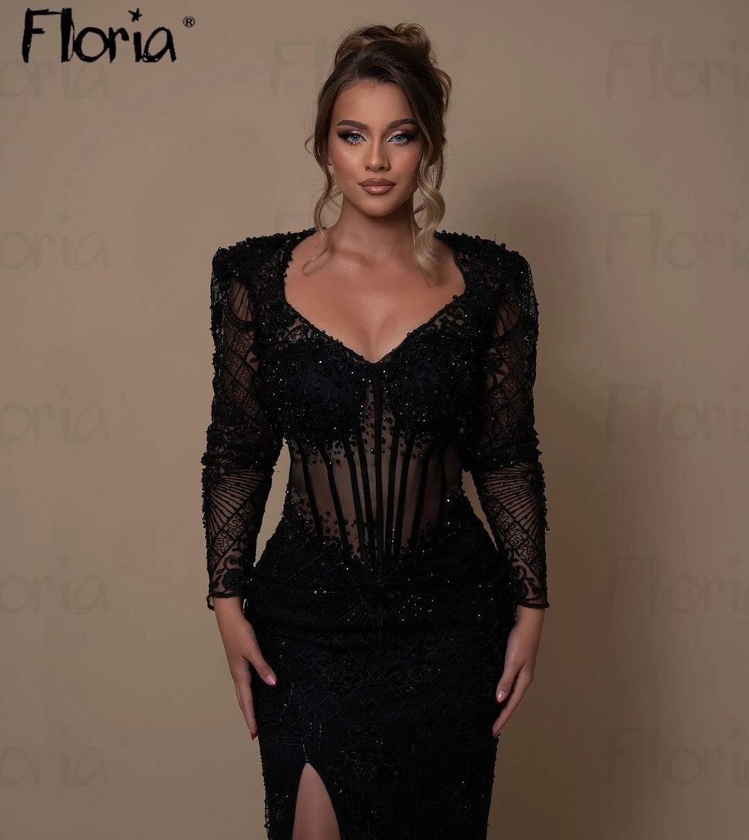 Floria Muslim Long Sleeve Black Evening Dress Dubai Sparkly Beaded Side Slit Party Gowns Mermaid Formal Prom Gowns فساتبن سهرة ف