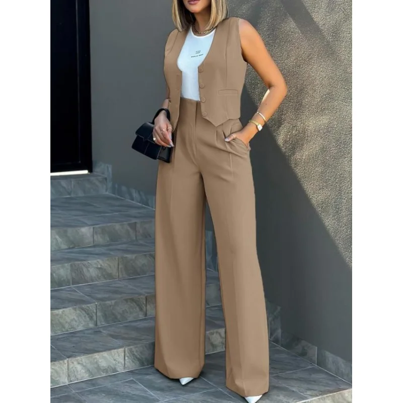 2024Europe and America Cross Border Foreign Trade New Fashion Suit Vest Jacket Wide Leg Pants Casual Suit