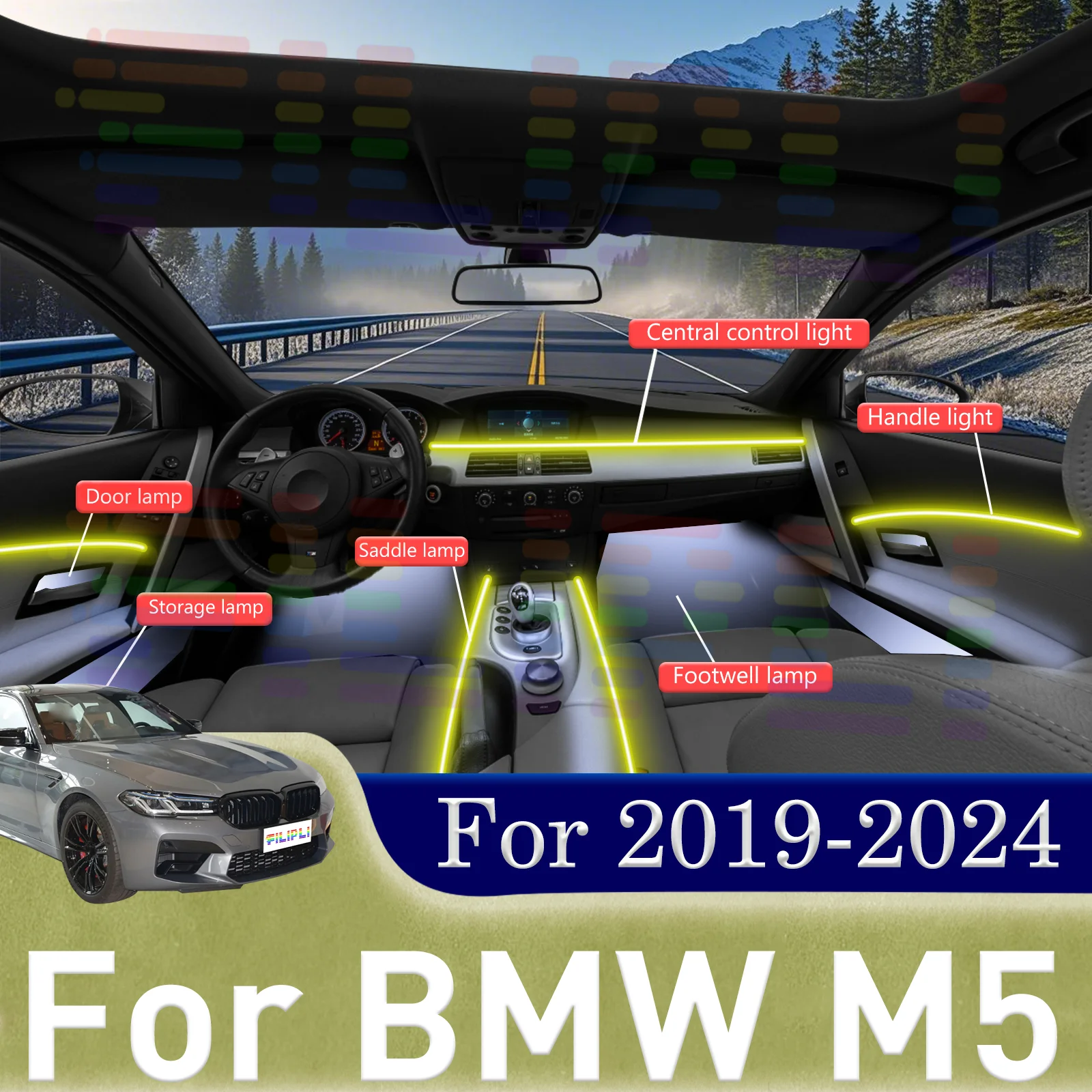 

Для BMW M5 салон автомобиля светодиодная лента 64 цвета RGB Symphony APP управление акриловая направляющая атмосфера лампа декор для 2019-2024 гг.