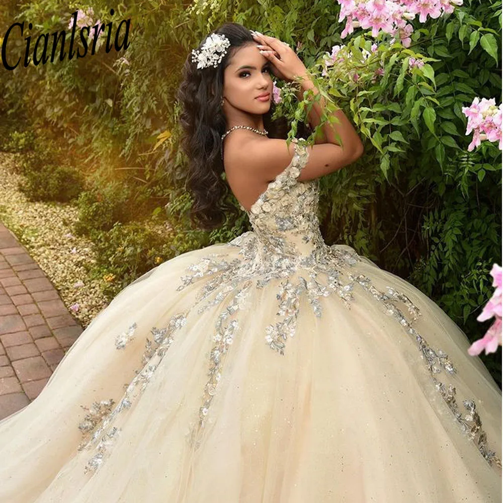 Vestido De quinceañera color champán con apliques De lentejuelas y flores, vestido De fiesta De princesa dulce De 16 Años