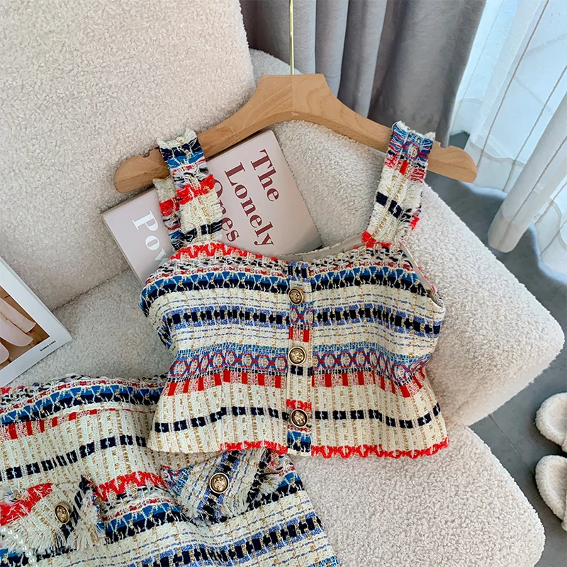 Ensemble 2 pièces en tweed à rayures pour femmes, haut court en émail, jupe trapèze, tenues vintage, élégant, sexy, été, 2023