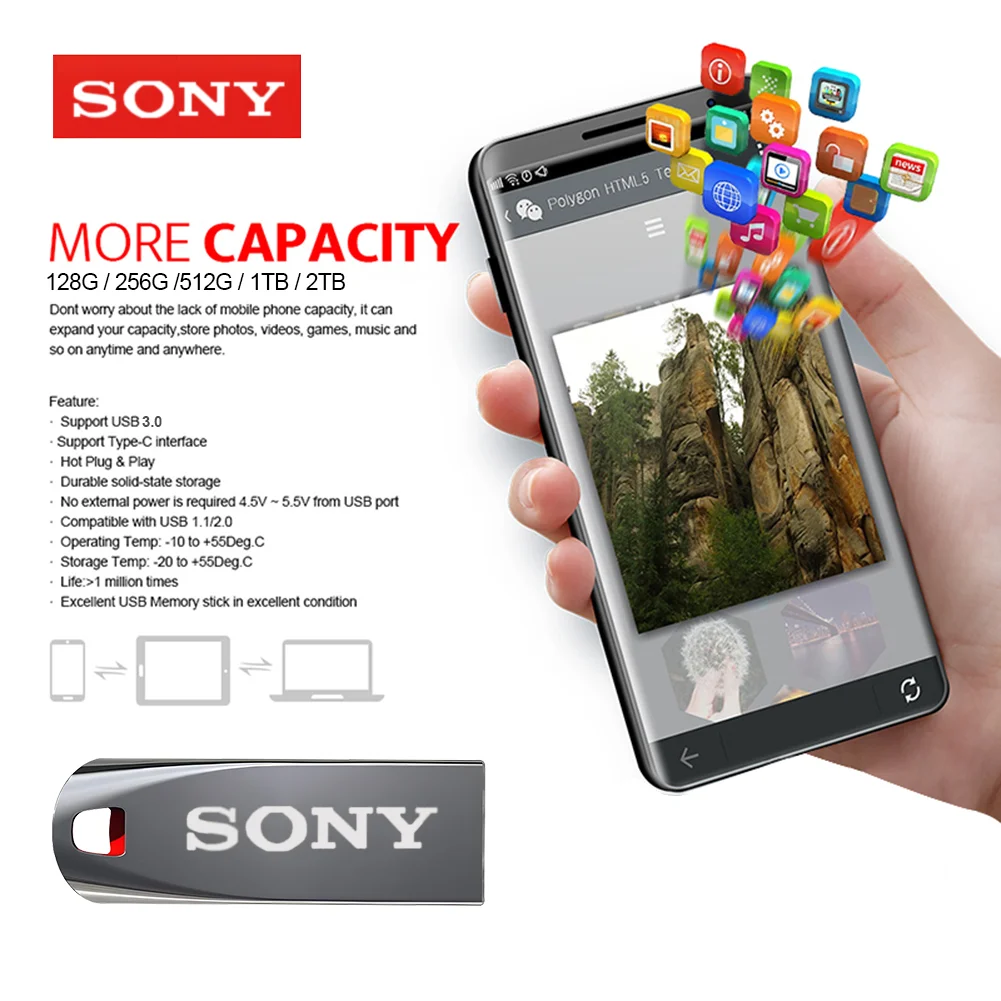 SONY Pen Drive 2TB High Speed Flash Memory Stick Metal Pendrive 1TB USB 3.0 Flash Drive 512GB Storage Device U Disk for PC