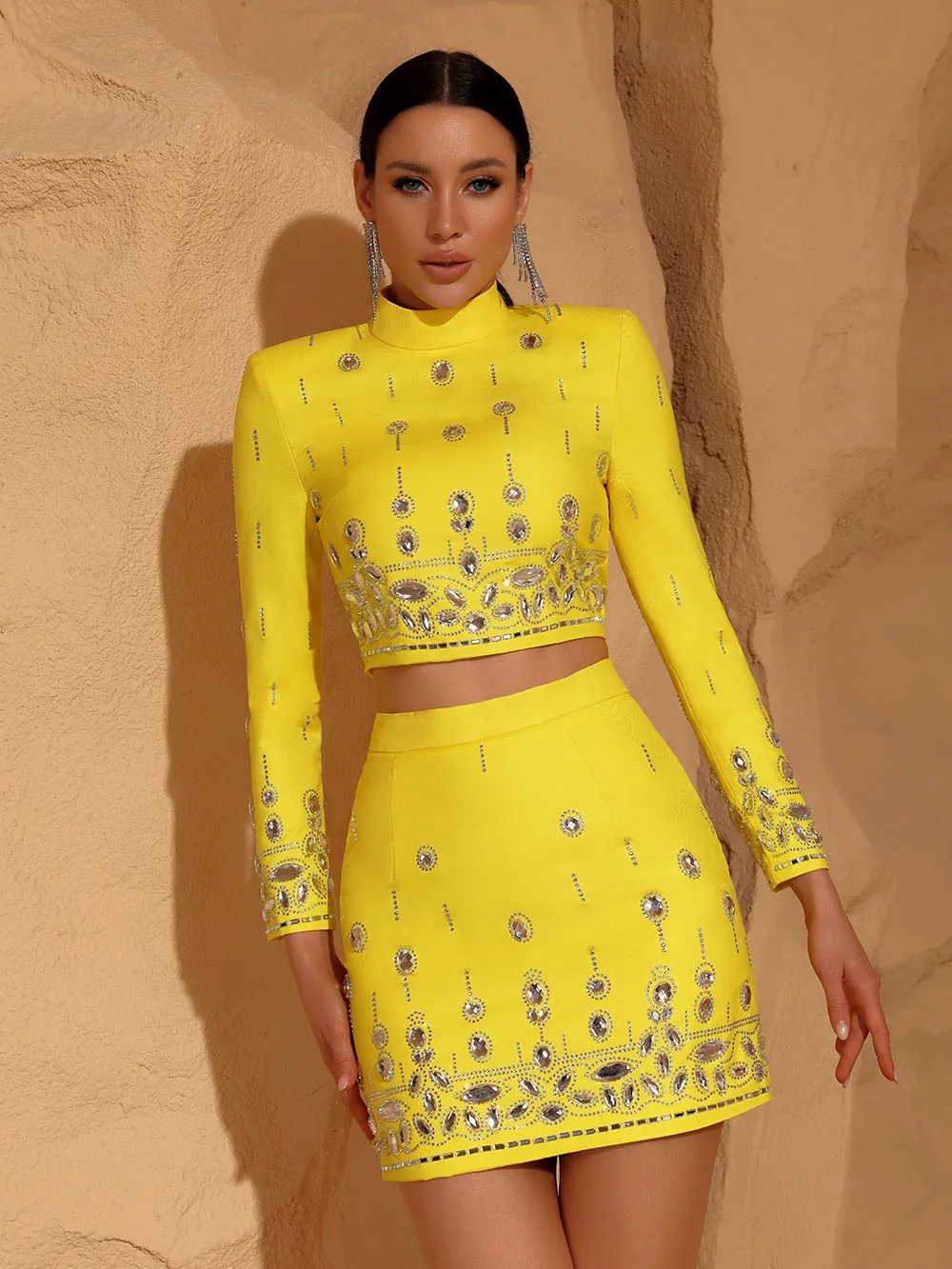 Modphy Fashion Women\'s Heavy Industry Diamond Two Piece Set Short Long Sleeve Tops Wrapped Hip Mini Skirt Female Outfit