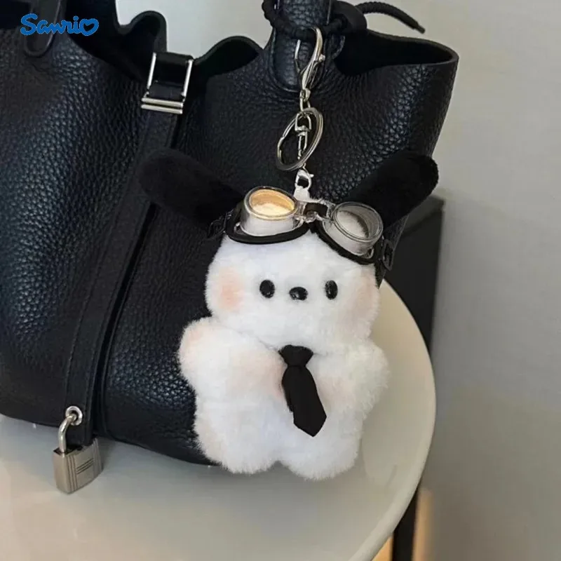 Kawaii Pilot Keychain Plush Fuzzy Cute Pacha Dog with Bow Tie and Pilot Goggles Car Mirror Charm Bag Pendant Polyester Gift