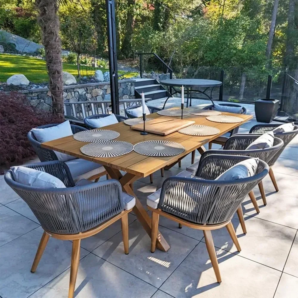 9 Pieces Patio Dining Set , for Garden Deck Teak-Finish Aluminum Frame Backyard Kitchen Set, Wicker Outdoor Furniture Table