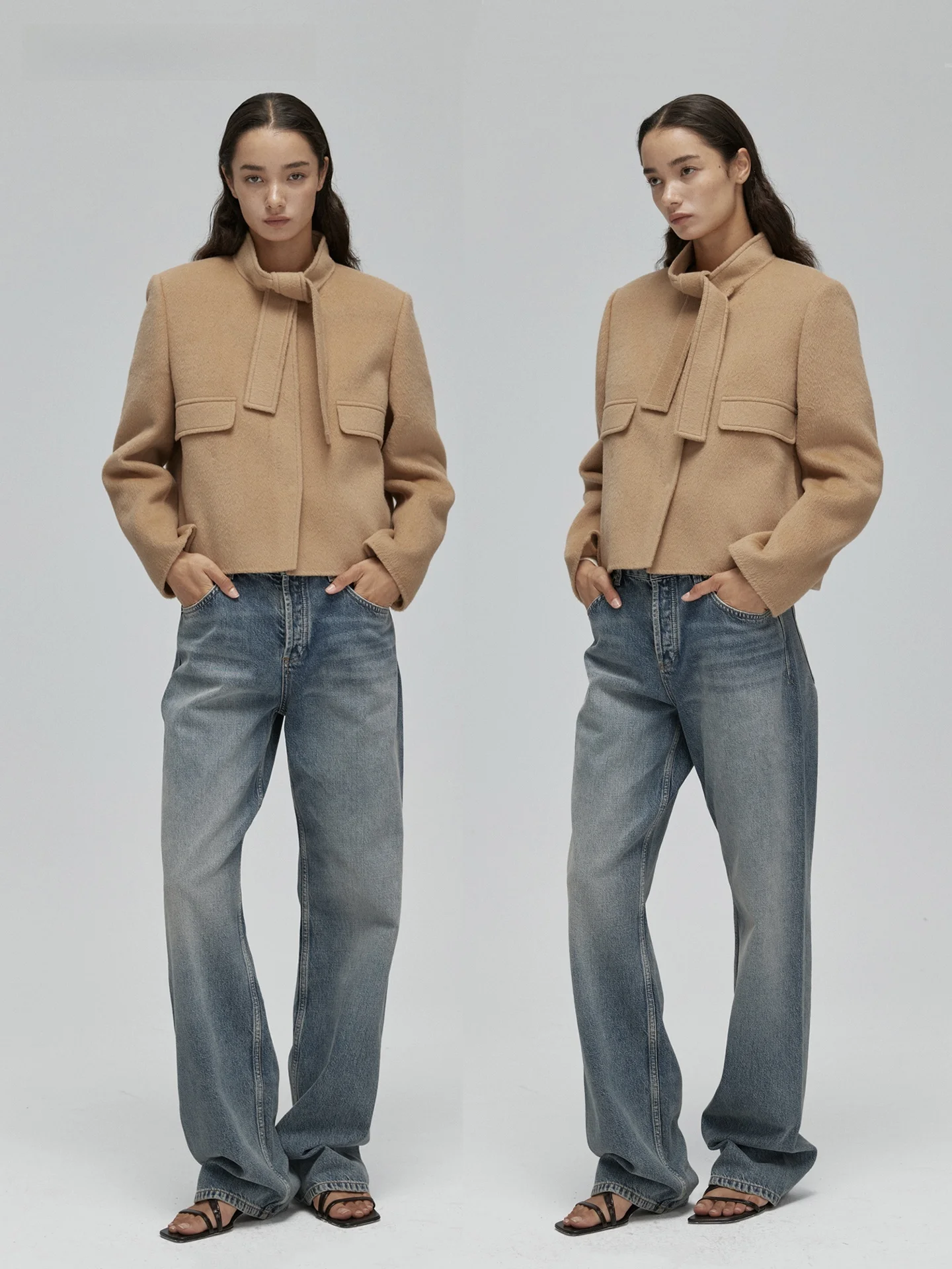 

Двустороннее шерстяное пальто Onde Flottante для женщин, новая осенне-зимняя коллекция, короткое, из верблюжьей шерсти, простой дизайн