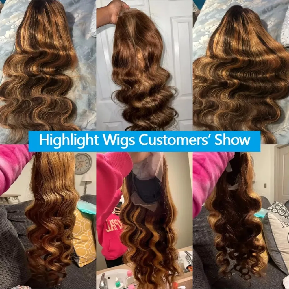 13X4 Highlight Perücke Echthaar 26 Zoll Körperwelle Echthaar Perücken 4/27 Honigblonde Echthaarperücke Ombre Braun gefärbte Echthaarperücken – Detail 3