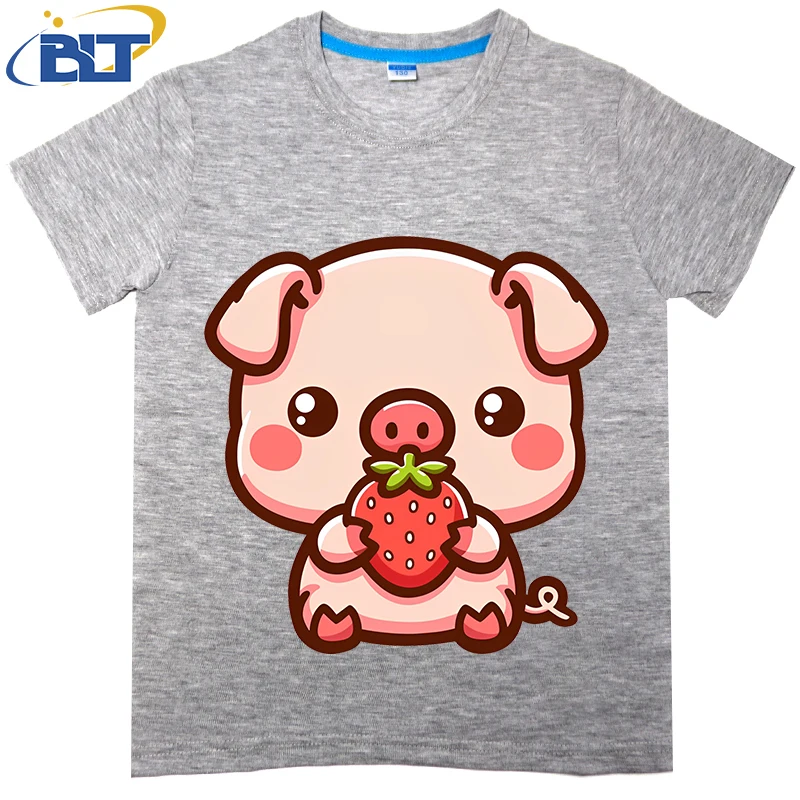 Pig with Strawberry Printed Kids T-shirt Summer Cotton Short Sleeve Casual Tops Suitable for Boys and Girls