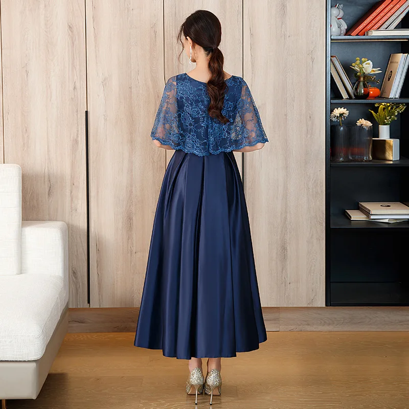 Elegant Satin Mother Of The Bride Dresses Plus Size Navy Blue Mother Dress With Lace Shawl