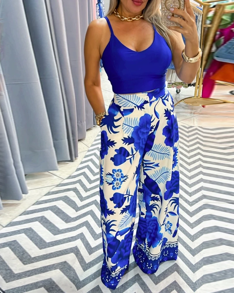 Y2K Casual Women's 2 Pieces Pants Set Summer V Neck Sleeveless Crop Top & Blue Floral Print High Waist Wide Leg Pocket Pants