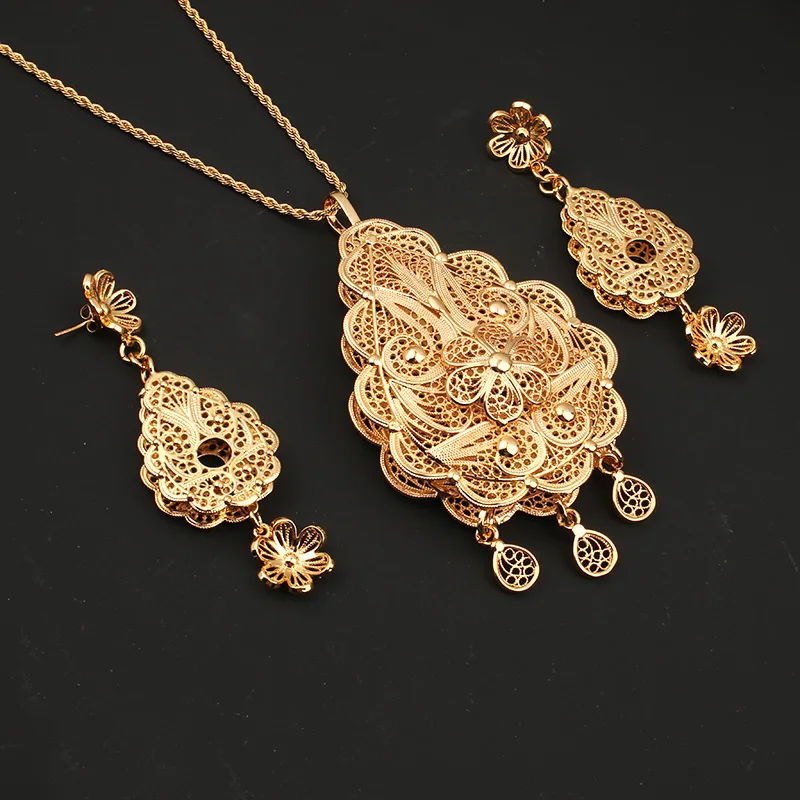 

Dicai Algeria Bridal Wedding Jewelry Set Copper Gold Plated Pendant Necklace Women Earrings Luxury Designer Jewelry Indian