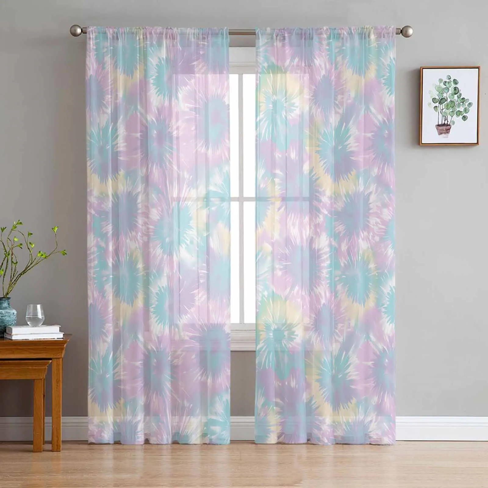 Tie Dye Ethnic Style Abstract Watercolor Window Tulle Curtains for Living Room Kitchen Modern Window Treatments Voile Curtains