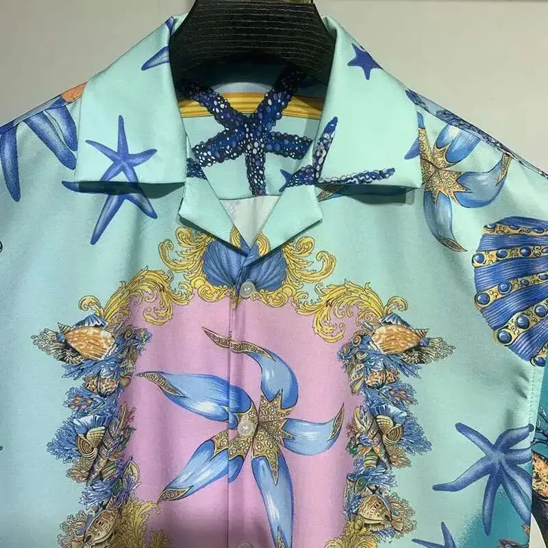 High Quality Sea World Contrast Color Printed Short Sleeve Shirt Casual Comfortable Festival Slim Fit Shirt Men Fast Shipping