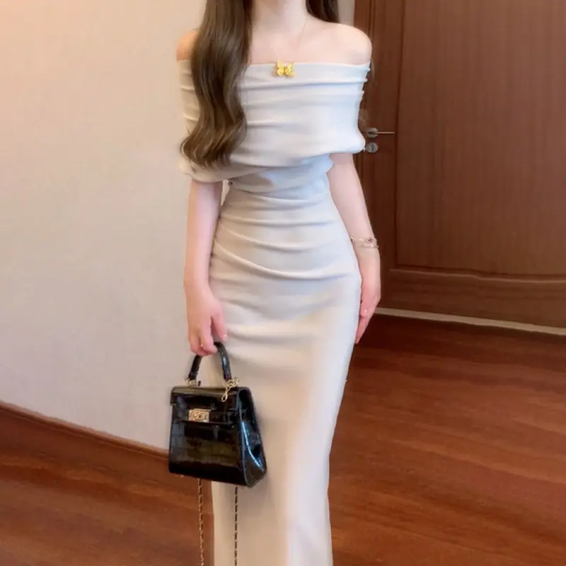 Vestidos franceses con cuello oscilante para mujer, Vestidos elegantes con hombros inclinados irregulares de cintura alta y temperamento, Vestidos ceñidos para mujer