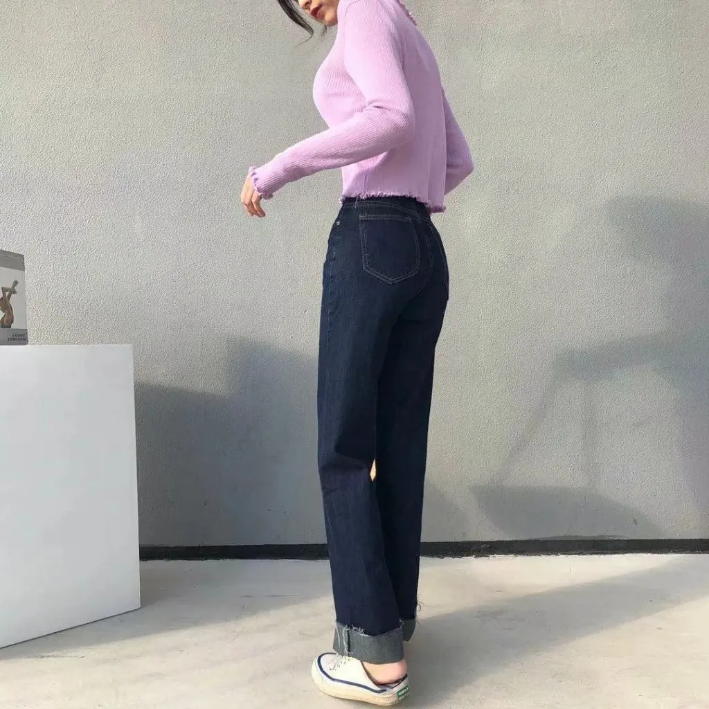 Vaqueros rectos de cintura alta para mujer, Top prensado de color azul oscuro, pantalones ajustados de pierna ancha a la moda, estilo europeo americano, combina con todo