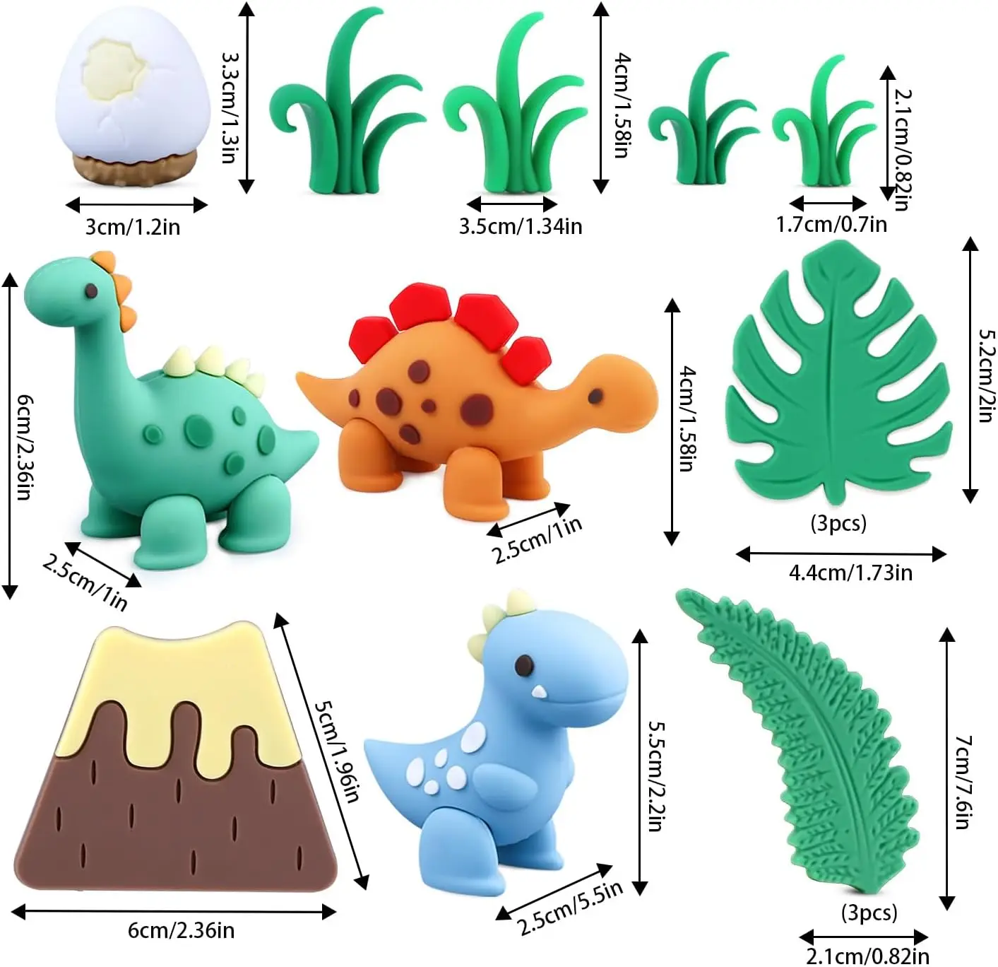 15 Stück Cartoon-Dinosaurier-Kuchenaufsätze, niedliche Dino-Ei-Blätter, Gras, Vulkan-Kuchendekorationen für Kindergeburtstag, Babyparty, Dinosaurier – Detail 2
