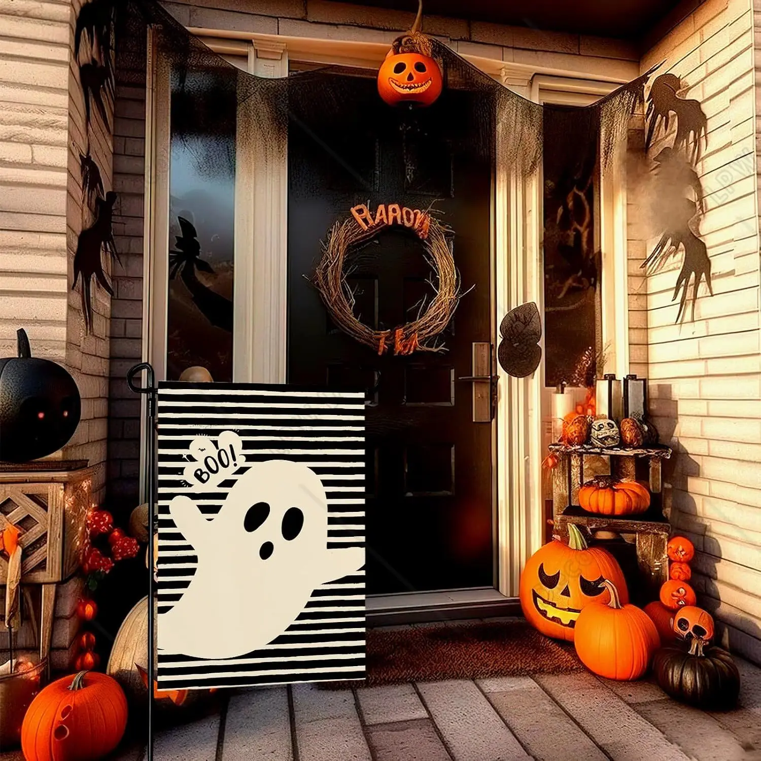 Halloween Garden Flag Ghost Burlap Garden Flags Boo Spooky Yard Flag Holiday Stripe House Banner Standard for Lawn Welcome Home