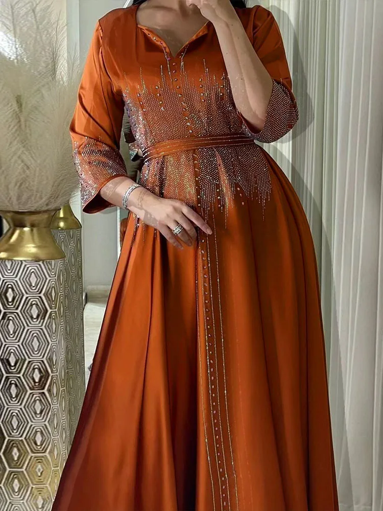 Strass cor sólida vestido de outono feminino sexy com decote em v manga comprida plissado vestido de baile 2025 elegante cetim balanço vestidos de festa