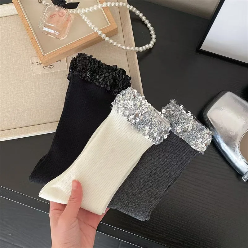 Luxury Shiny Sequin Women Mid Calf Socks Double Knit Fashion Slouch Ladies Hosiery
