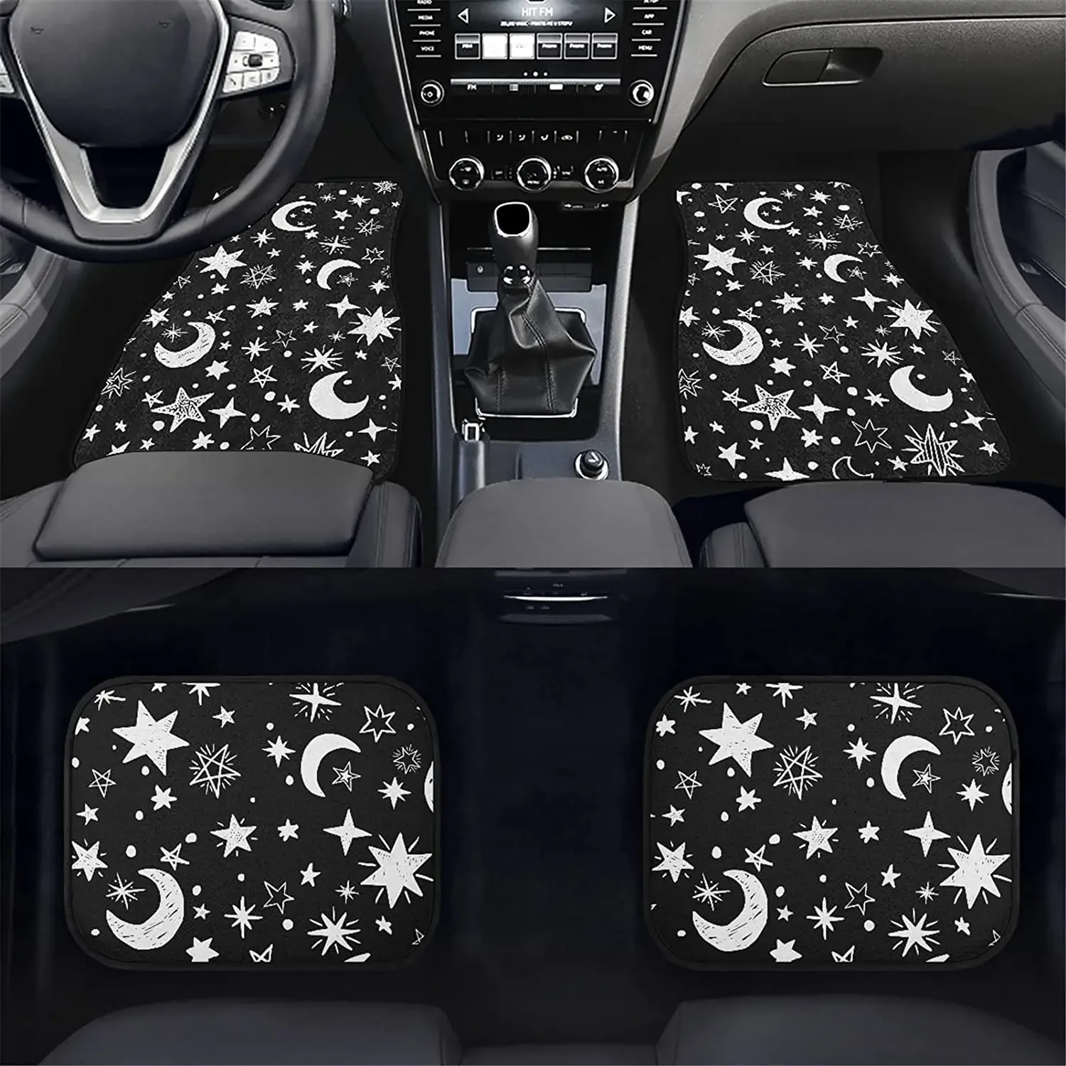 Forchrinse Moon and Star Black Floor Mat All Weather Protection Heavy Duty Full Set Car Auto Carpet Floor Mats 4 Pieces Set