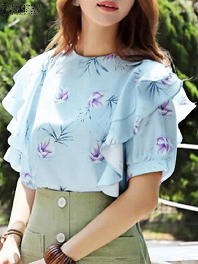 

ZANZEA Bohemian Women Blouse 2025 Fashion Floral Print Tops Tee Summer Ruffles Blouses Short Sleeve Blusas Holiday Work Tunic