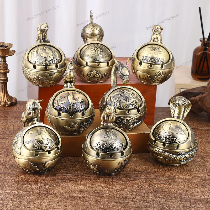 For Retro Style Classical Animal Ball Ashtray Exquisite Pattern Carving Antique Cyan Practical Home Decoration Ornament