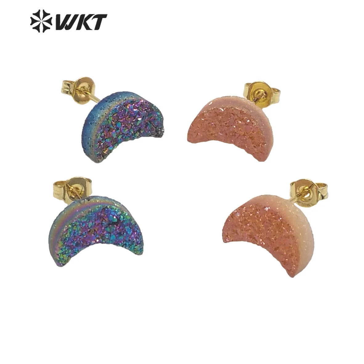 

WT-E683 WKT 2022 Noble moon shape druzy agate with titantium gold-plate Earrings fashion SALE jewelry girl party gift birthday