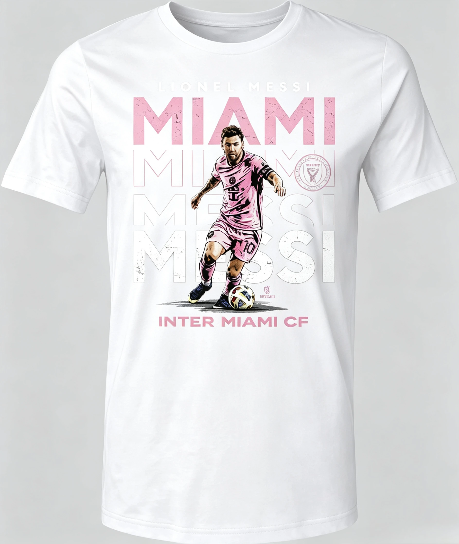 Lionel Messi Inter Miami CF Graphic T-shirt, Vintage Distressed Letter Print, Pink Jersey Portrait, Soft Cotton Unisex Fan Tee