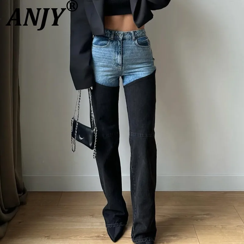 ANJY 2025 Wiosna Jesień Nowe Damskie Modne Jeansy Proste z Blokami Kolorów i Patchworkiem, Styl Uliczny, Casualowe, Postarzane Spodnie Denimowe A15988