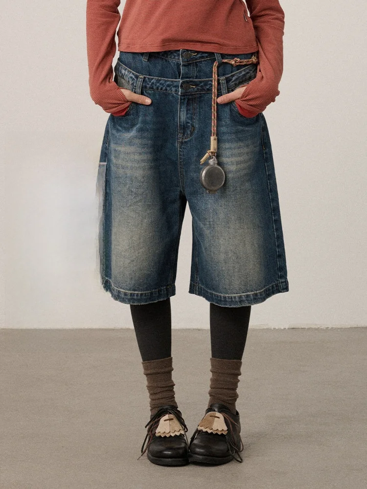 

Achihara Double Layer Bus Wide Leg Pants Vintage Denim Spring Autumn New Style Ladies Straight Cut Natural Waist Jeans