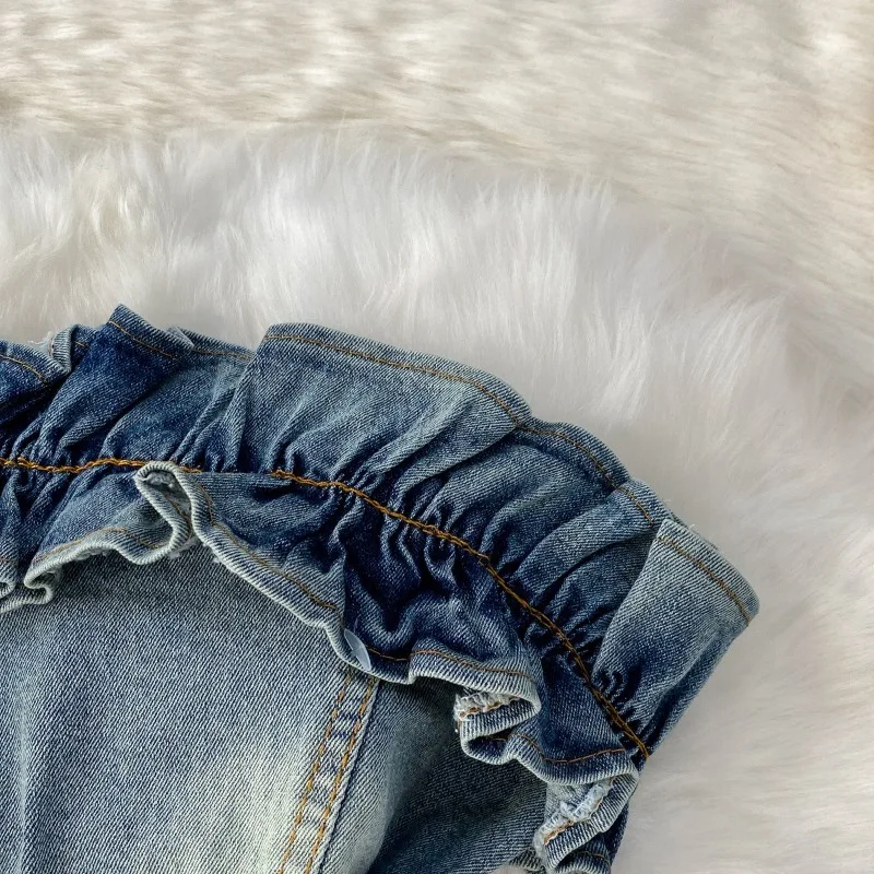 Denim Skirt Suit Women 2 Piece Sets Crop Top Long Skirts A Line Strapless Ruffle Tube Top Long Maxi Jean Skirt Matching Set Y2K - view 6