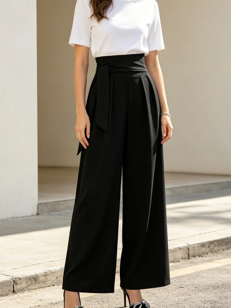 Weit geschnittene Damenhose, schwarz, hohe Taille, mit Bindegürtel, plissiert, lange Hose, elegante Business-Casual-Hose für das Büro – Detail 3