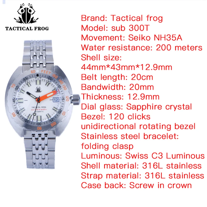 Tactical Frog SUB300T Retro 200M Diver Watch Sapphire Mirror NH35 Automatic Mechanical Wristwatch Super Luminous Men's Watches