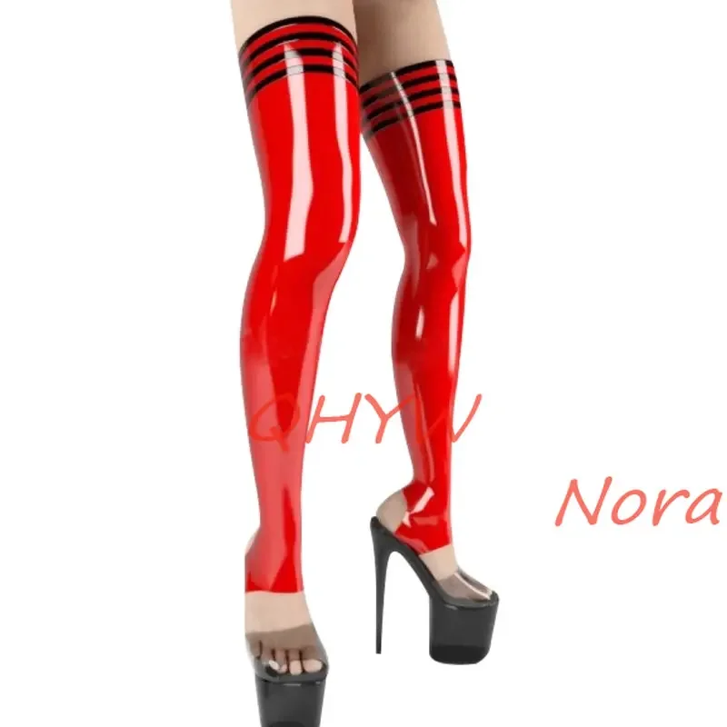 Handmade Latex Stockingg Black with Red Rubber Long Tight Socks for Women Wear with Dress Cosplay Costumes