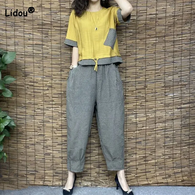 

Casual Fashion Short Sleeve Spliced T-shirt Female Sets 2023 Summer Womens Clothing Plaid Printed Wide Leg Pants Two Piece Sets