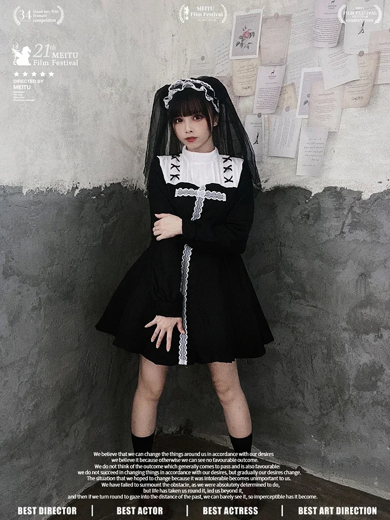 Black Adult Women Halloween Sister Nun Costumes Female Missionary Cosplay Carnival Purim Parade Stage Show Role Play Party Dress