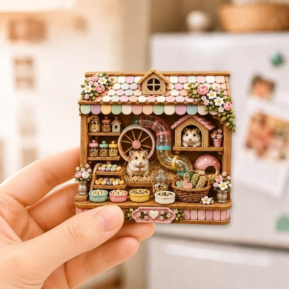 Cute Resin Pet House Fridge Magnet 3D Raised Relief Cartoon Puppy Hamster Magnetic Ornament Refrigerator Decoration Home Decor