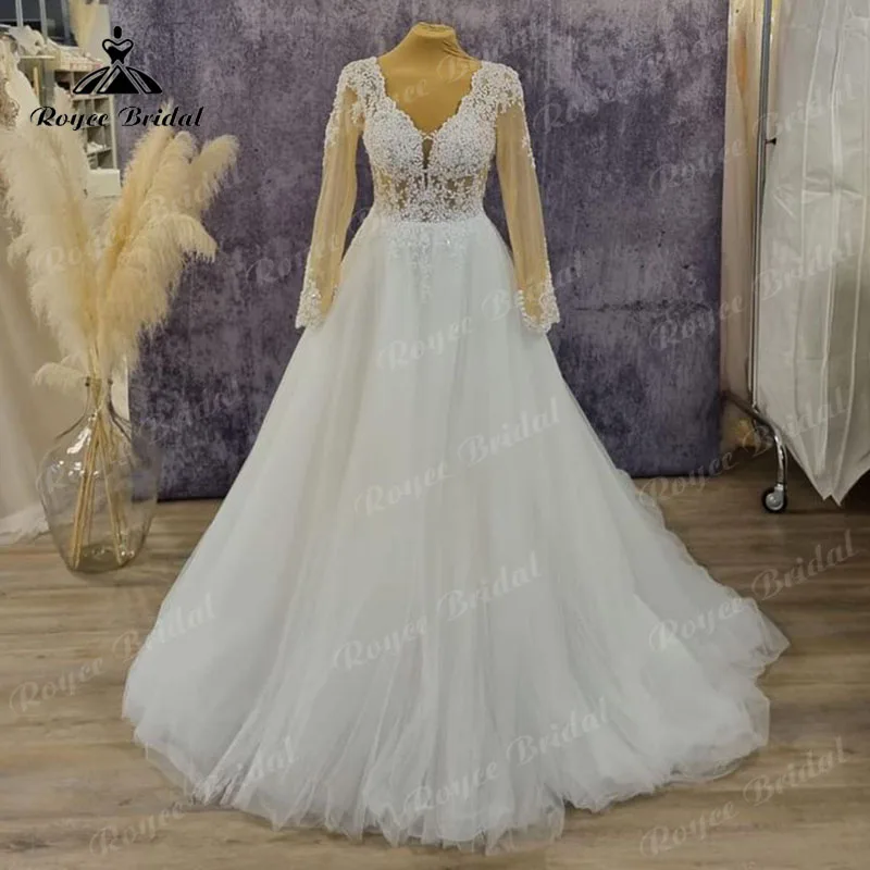 Roycebridal-Vestido De Novia elegante De manga larga con encaje y tul, Vestido De Novia elegante con Espalda descubierta, 2023