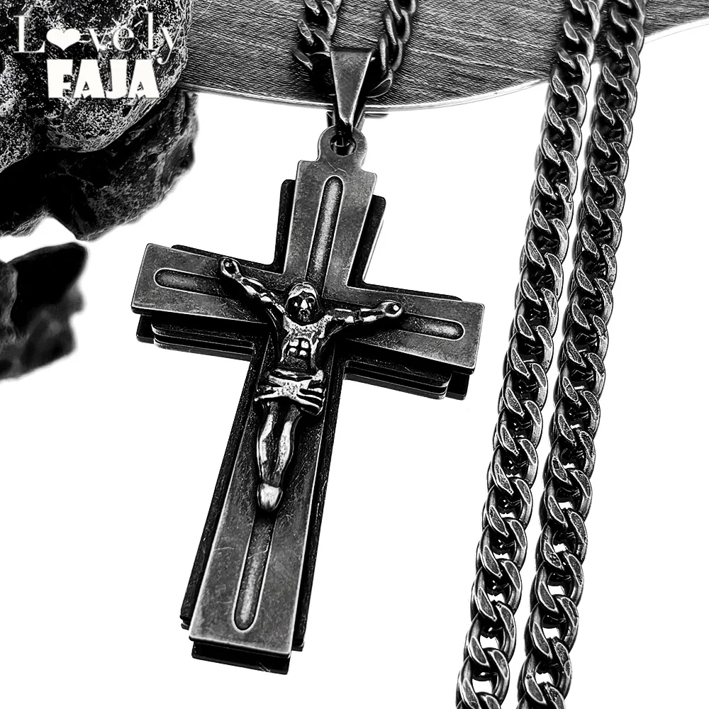 

Hip Hop Cross Jesus Stainless Steel Necklace Black Color Long Crucifix Necklace for Women Men Christian Amulet Jewelry collar