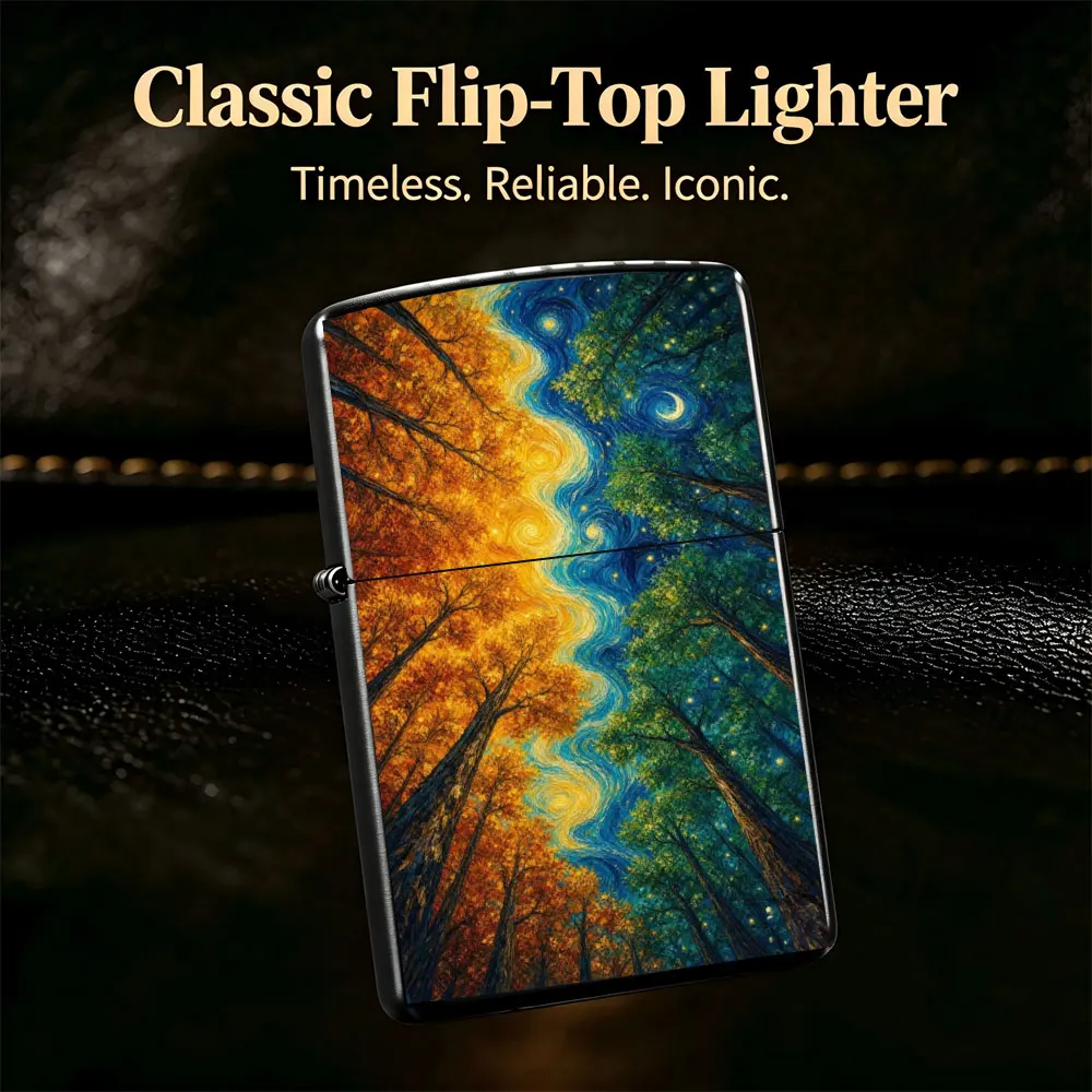 Pocket Lighter, Flip-Open Windproof Lighter with Forest, Sun & Stars Painting, Metal Shell, Ergonomic Grip, Portable Ignition Tool