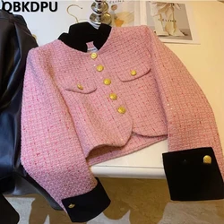 Elegant Womens Tweed Cropped Tops Korean Fashion Short Jackets Slim Vintage Coats Sweet Chic Outwear Spring Casual Chaquetas New