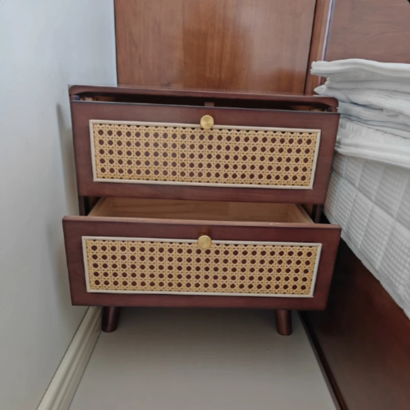 Walnut Bedside Table for Bedroom Solid Wood Nightstand with Woven Rattan Drawers Minimalist End Table Two-Drawer Storage Cabinet