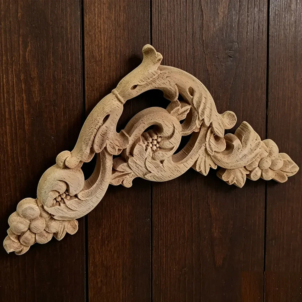 4PCS 15cm Vintage Wood Carved Corner Onlay Applique Unpainted Furniture Cabinet Decorative Figurines Wooden Miniatures