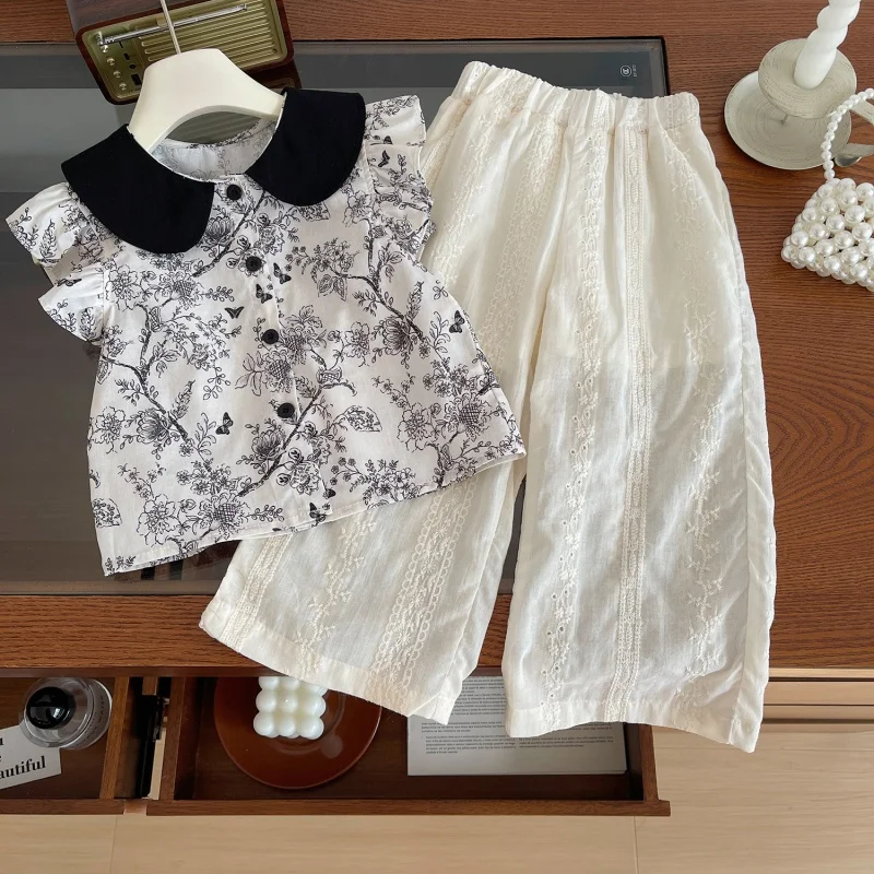 

2024Summer New Girls' Lapel Floral Sleeveless Blouse and Pants Girls' Refreshing Stylish Sets24129